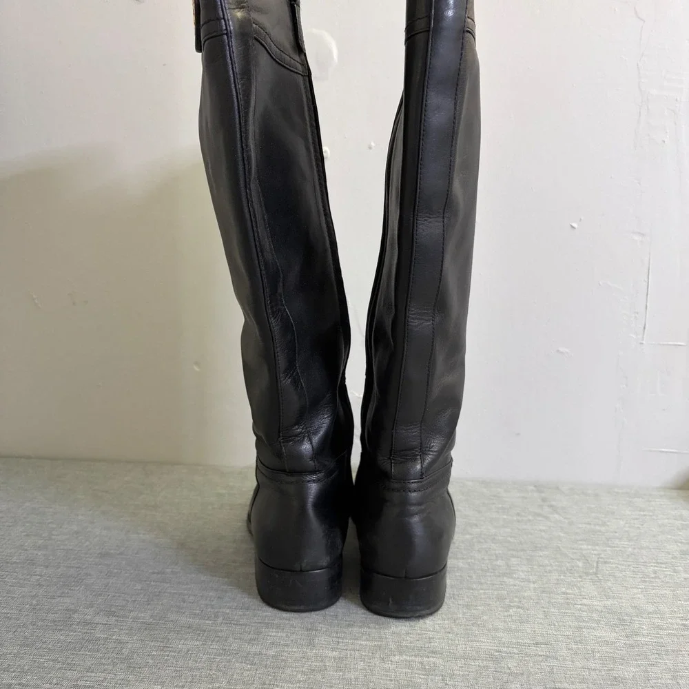 Tory Burch Riding Boots Womens 7.5 Kiernan Leather Tall Gold Logo Medallion